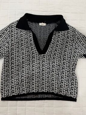 debut Black & White Patterned Knit Polo Top